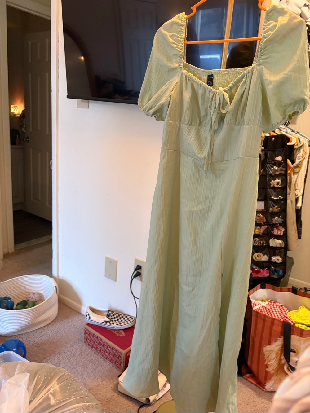 SHEIN Sage Green Puff Sleeve Maxi Dress with Tie Front